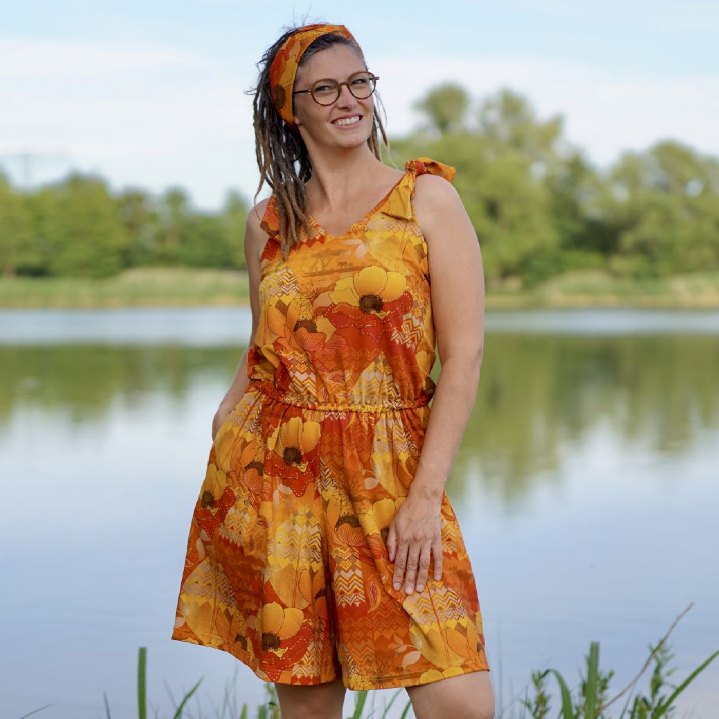 Eigenproduktion "Bohemian Summer" von Graustufen-Stoffe auf Baumwolljersey, Jersey Boho Stoff, orange, gelb